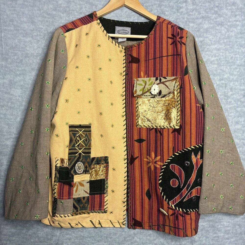 Vtg Up Cycled Patchwork Jacket XL Embroidered Lagenlook Teacher Pockets Oversize
